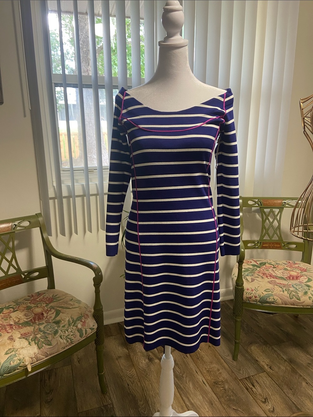 Jessica Simpson Navy, White & Pink Striped Long Sleeve Boatneck Dress